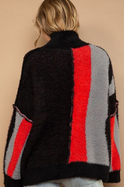 Color Block Turtleneck Fringe Sweater