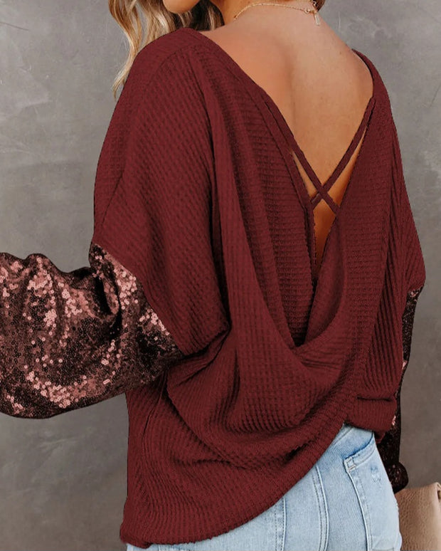 Sequin Sleeve Sexy Back Top