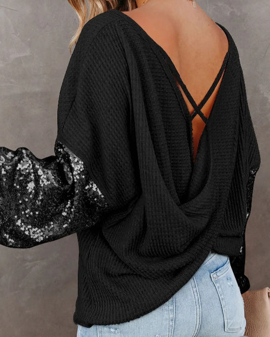 Sequin Sleeve Sexy Back Top
