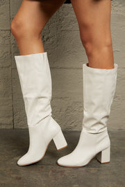 Block Heel Knee High White Boots