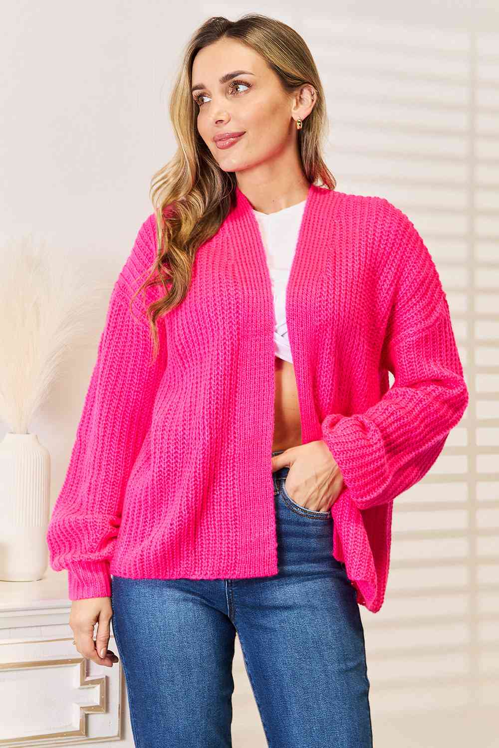 Hot Pink Rib-Knit Cardigan