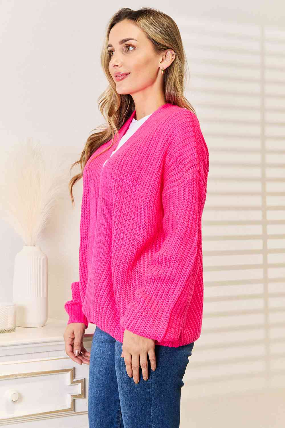 Hot Pink Rib-Knit Cardigan