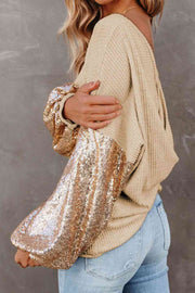 Sequin & Shoulder Waffle-Knit Blouse