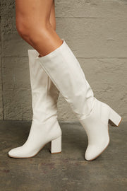 Block Heel Knee High White Boots