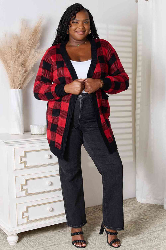 Red & Black Plaid Cardigan with Pockets