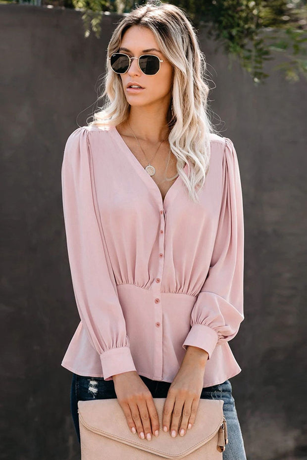 Button-Front Puff Sleeve Blouse