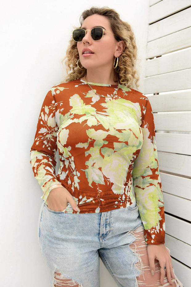 Plus Size Printed Round Neck Long Sleeve Blouse