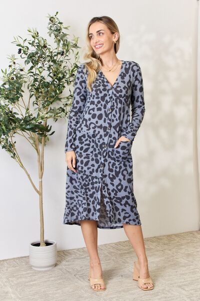 Grey Animal Print Button Front Cardi-Dress